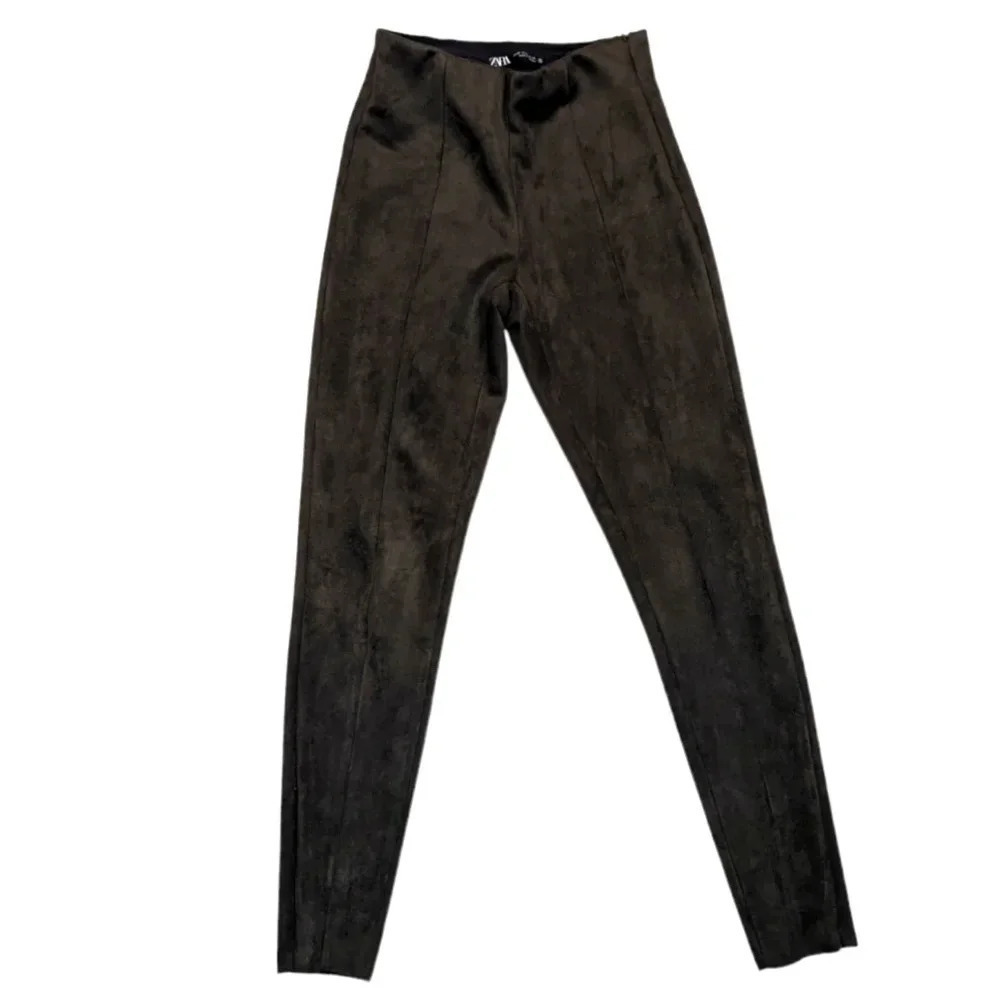 Zara  Suede Brown Green Skinny Dress Pants Zipper Ankle Woman's XS